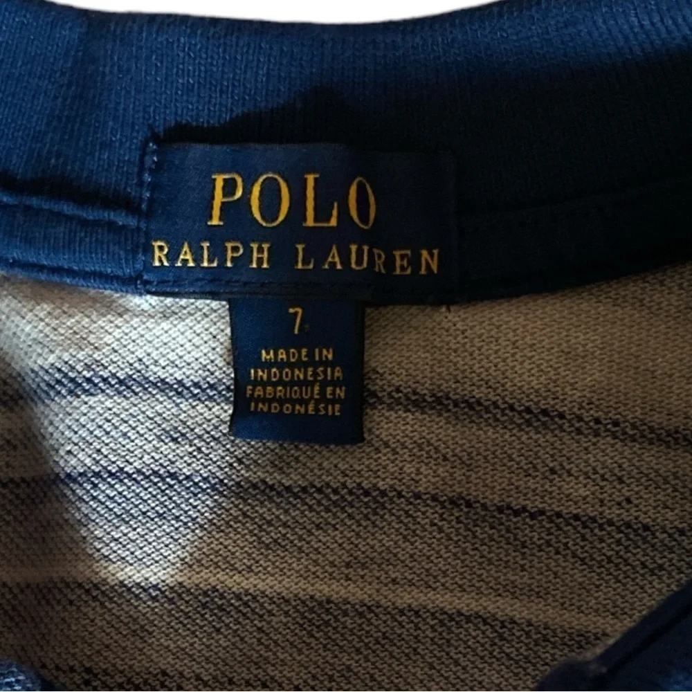 Ralph Lauren POLO Blue Striped Cotton Mesh Polo Short Sleeve, Youth Size 7 EUC
